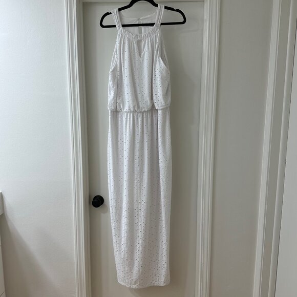 NWT London Times White Eyelet High Neck Maxi Dress, Size L - Picture 1 of 11
